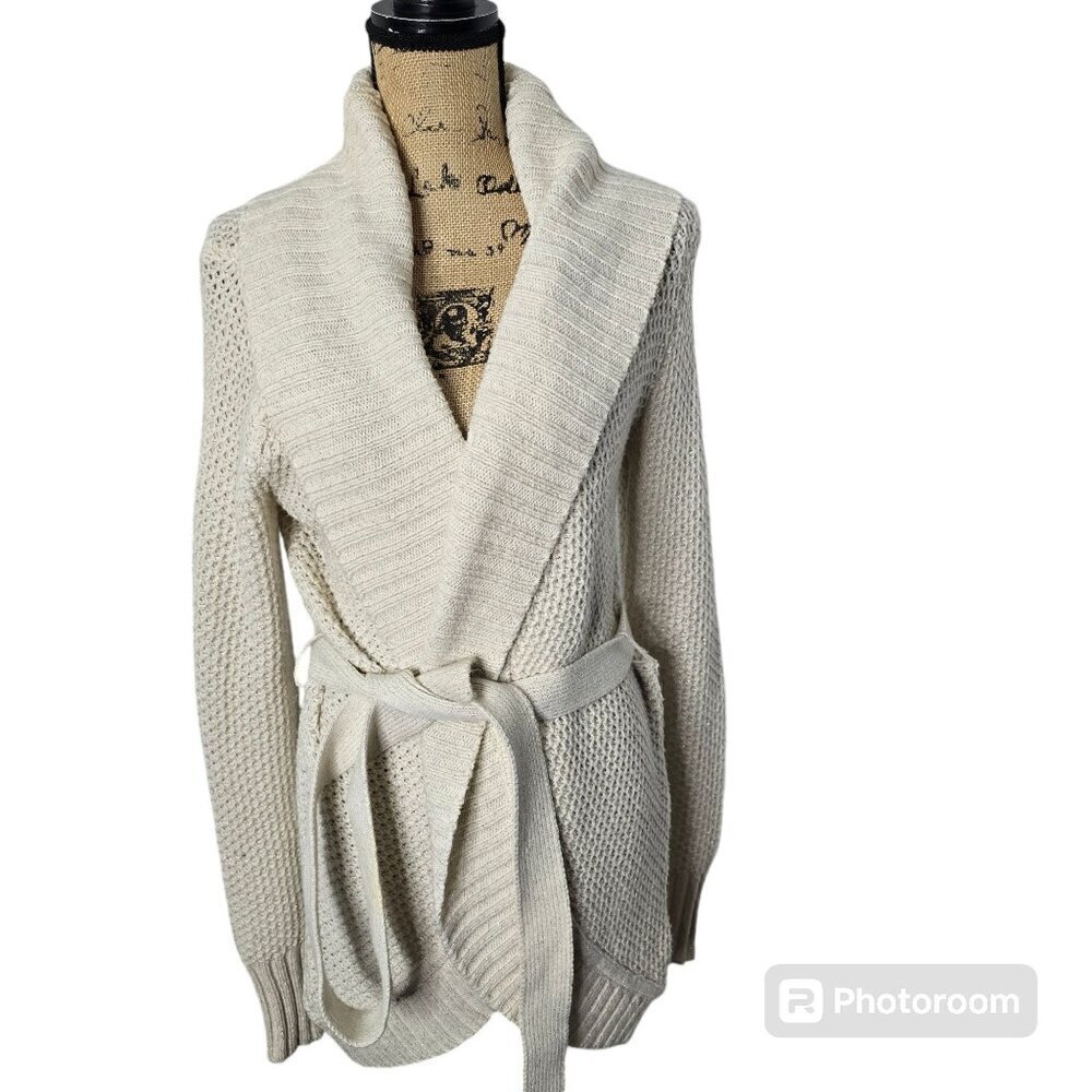 Y2k Cozy Neutral Cream Sparkle Tie Waist Chunky Sweater